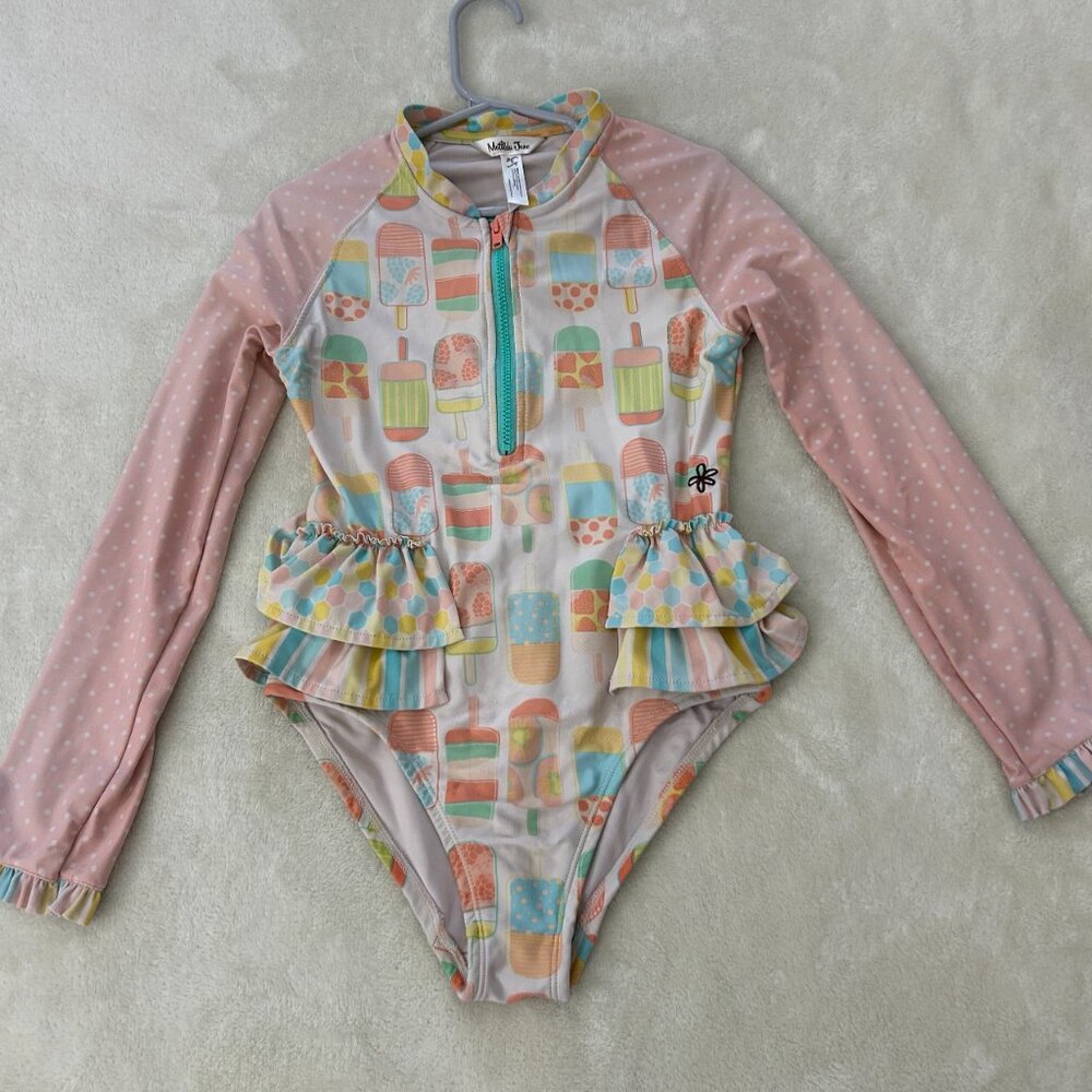 Matilda Jane Girls Popsicle Print Swimsuit Size 8 Rashguard Ruffles